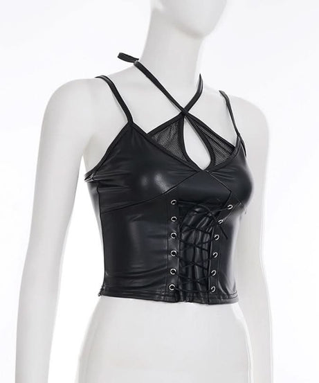 Edgy Faux Leather Lace-Up Crop Top with Mesh | Gothic Glam Cami for Fall & Halloween Nights