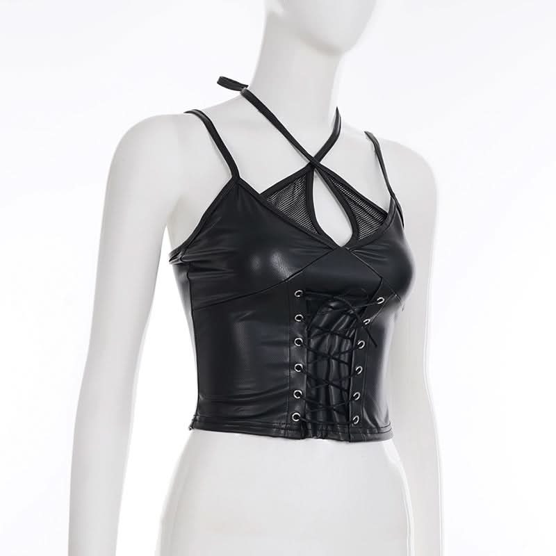 Edgy Faux Leather Lace-Up Crop Top with Mesh | Gothic Glam Cami for Fall & Halloween Nights