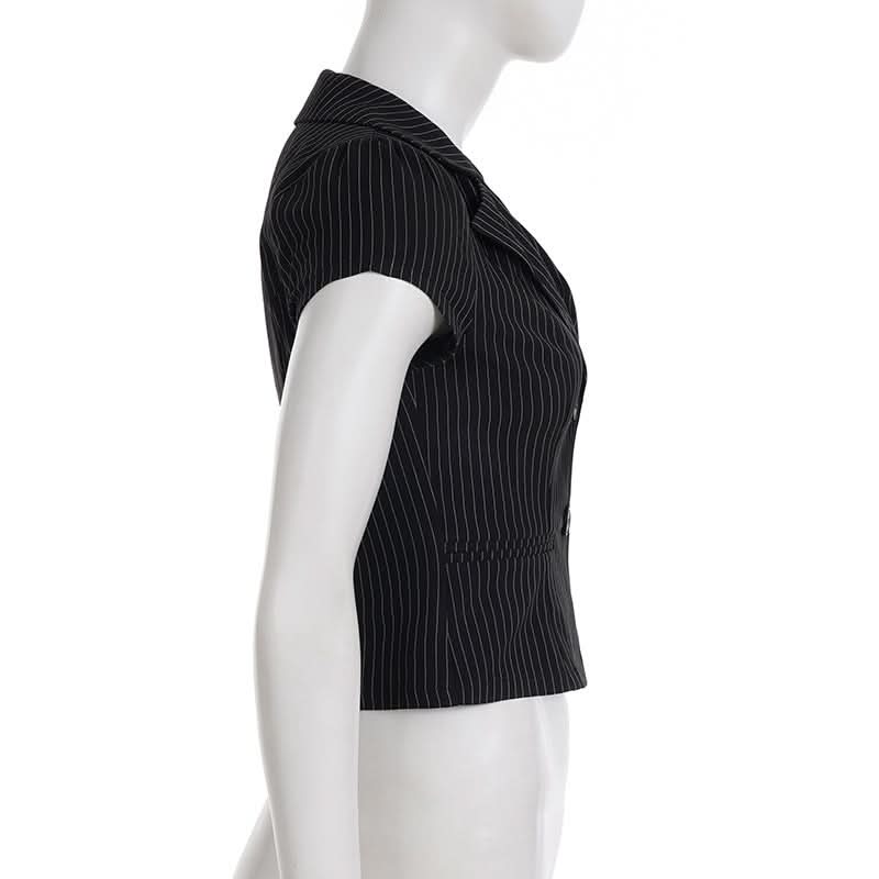 Chic Pinstripe Short Sleeve Blazer Blouse for Women - Fall Office & Versatile Style