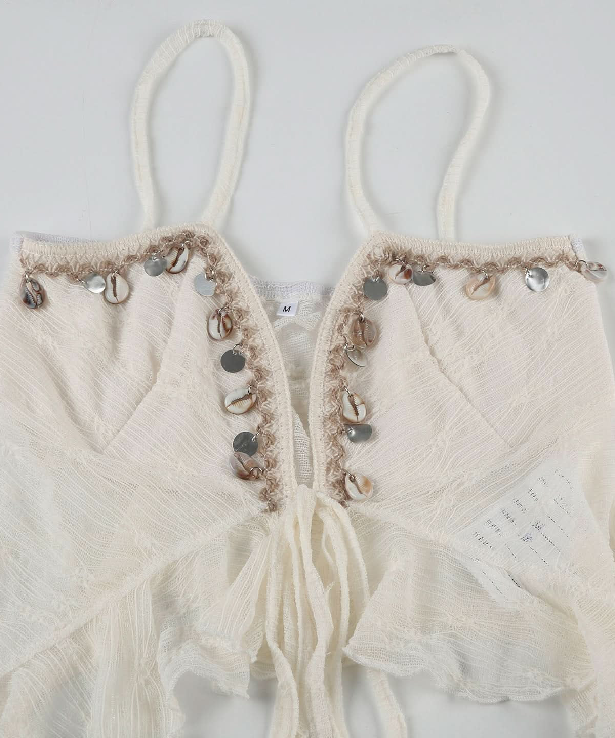 Dreamy Boho Shell Charm Cami Top – Ruffled Self-Tie Backless for Fall Getaways & Resort Chic