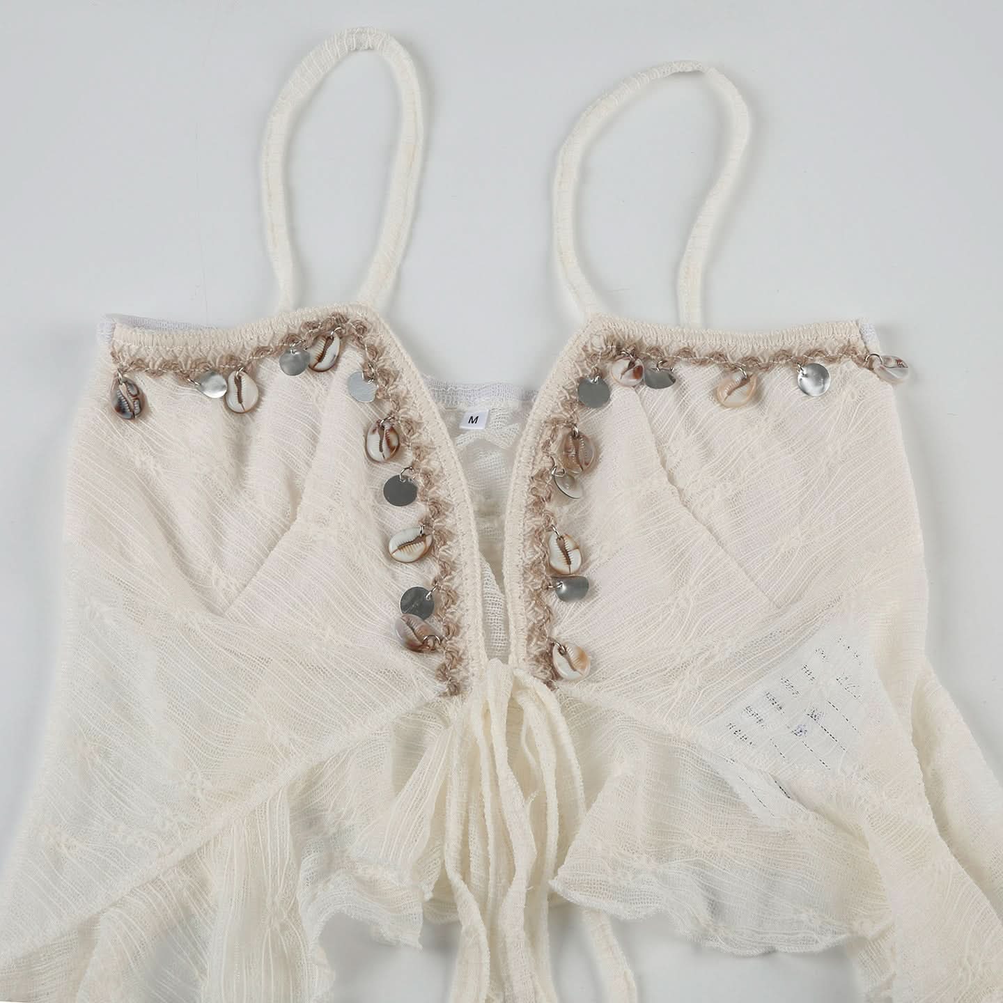 Dreamy Boho Shell Charm Cami Top – Ruffled Self-Tie Backless for Fall Getaways & Resort Chic