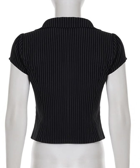 Chic Pinstripe Short Sleeve Blazer Blouse for Women - Fall Office & Versatile Style