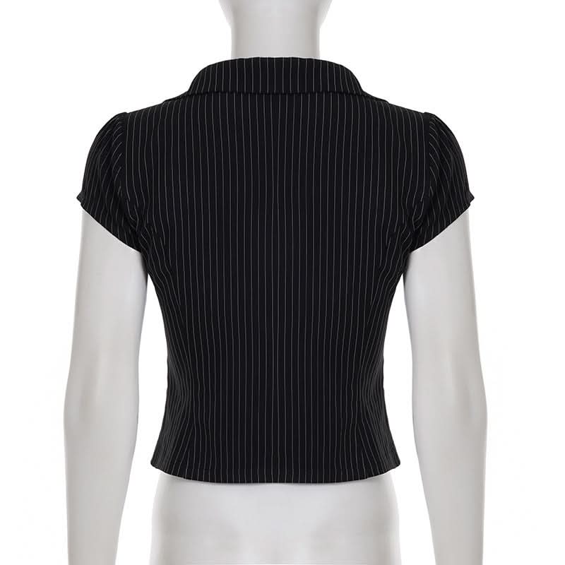 Chic Pinstripe Short Sleeve Blazer Blouse for Women - Fall Office & Versatile Style