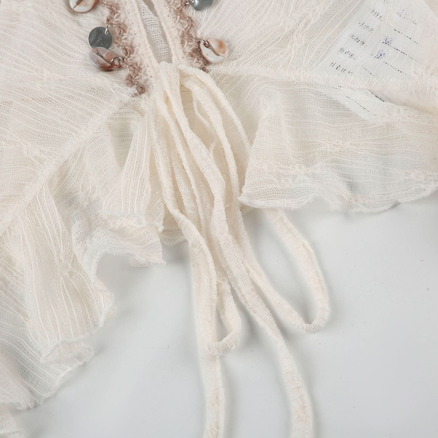 Dreamy Boho Shell Charm Cami Top – Ruffled Self-Tie Backless for Fall Getaways & Resort Chic