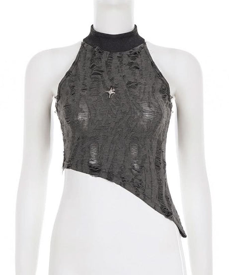 Edgy Asymmetric Distressed Halter Crop Top - Your Bold Fall & Night Out Statement