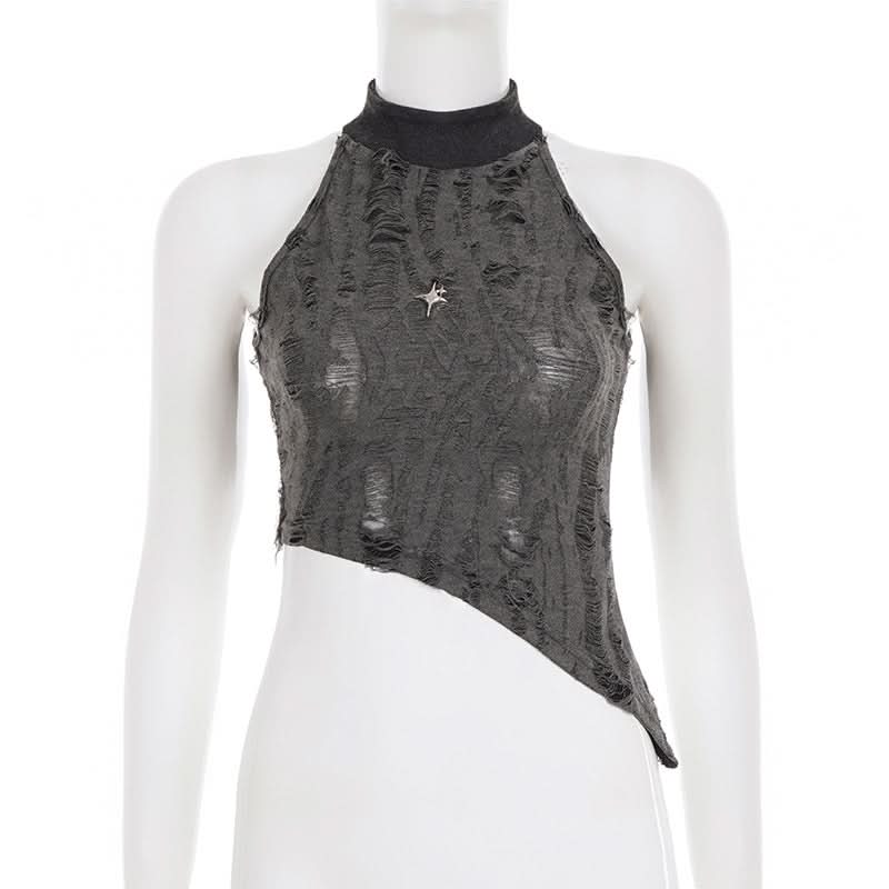 Edgy Asymmetric Distressed Halter Crop Top - Your Bold Fall & Night Out Statement