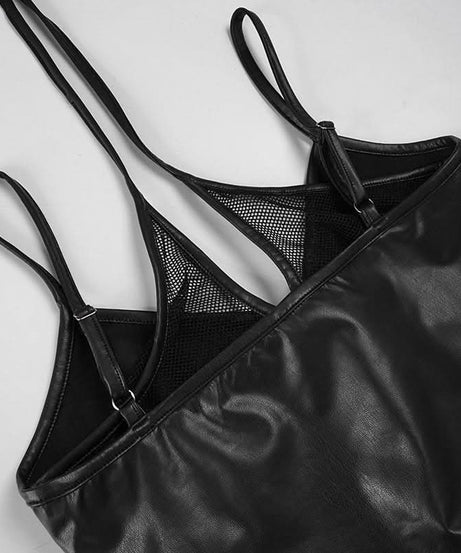 Edgy Faux Leather Lace-Up Crop Top with Mesh | Gothic Glam Cami for Fall & Halloween Nights