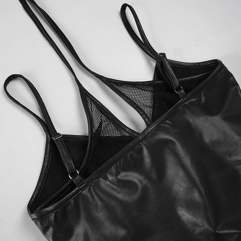 Edgy Faux Leather Lace-Up Crop Top with Mesh | Gothic Glam Cami for Fall & Halloween Nights