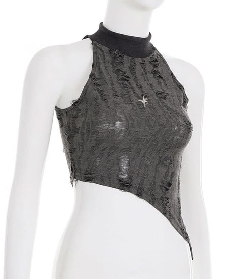 Edgy Asymmetric Distressed Halter Crop Top - Your Bold Fall & Night Out Statement