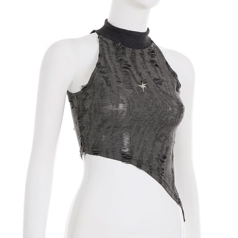 Edgy Asymmetric Distressed Halter Crop Top - Your Bold Fall & Night Out Statement