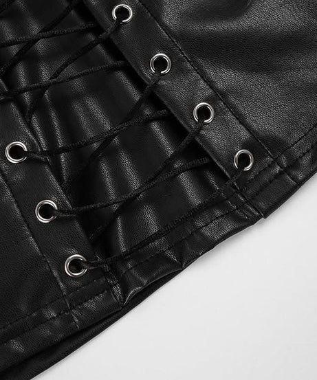 Edgy Faux Leather Lace-Up Crop Top with Mesh | Gothic Glam Cami for Fall & Halloween Nights