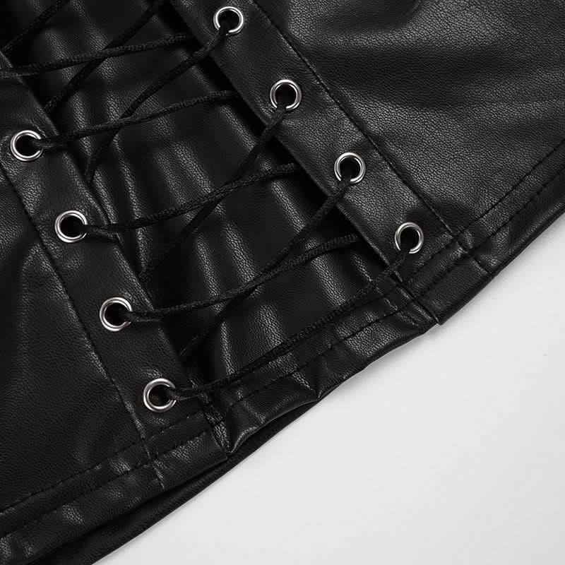 Edgy Faux Leather Lace-Up Crop Top with Mesh | Gothic Glam Cami for Fall & Halloween Nights