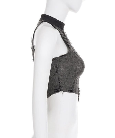 Edgy Asymmetric Distressed Halter Crop Top - Your Bold Fall & Night Out Statement