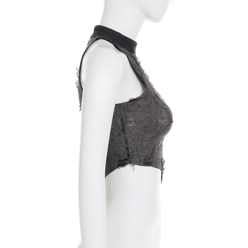 Edgy Asymmetric Distressed Halter Crop Top - Your Bold Fall & Night Out Statement