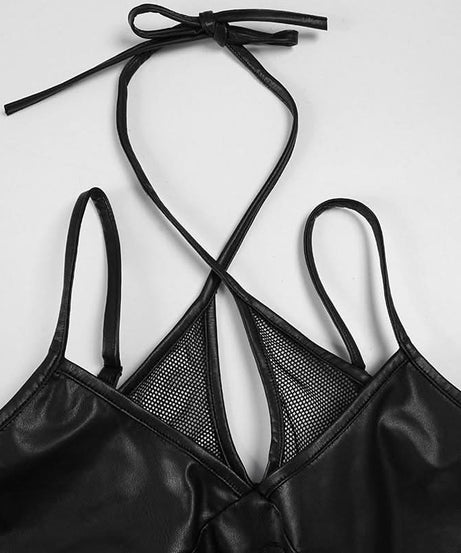 Edgy Faux Leather Lace-Up Crop Top with Mesh | Gothic Glam Cami for Fall & Halloween Nights