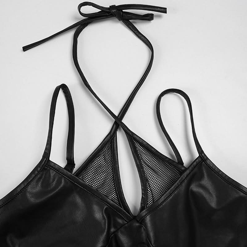 Edgy Faux Leather Lace-Up Crop Top with Mesh | Gothic Glam Cami for Fall & Halloween Nights