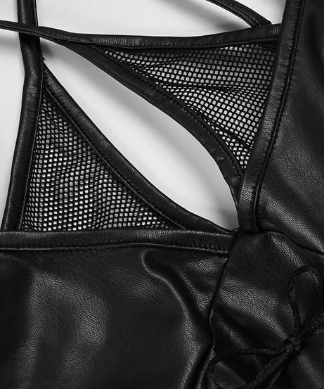 Edgy Faux Leather Lace-Up Crop Top with Mesh | Gothic Glam Cami for Fall & Halloween Nights