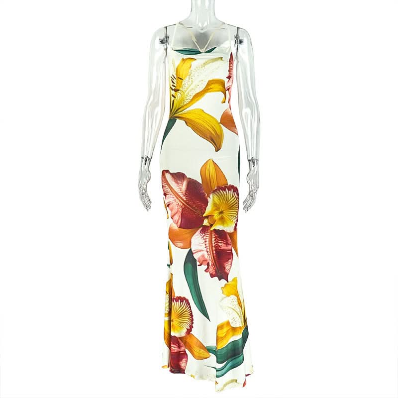 The Paradise Found Cowl Neck Maxi Dress - Elegant Tropical Bloom for Your Fall Getaway