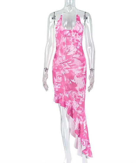 Vibrant Pink Tie-Dye Halter Midi Dress | Asymmetrical Ruffle Hem for Fall Parties & Resort Getaways
