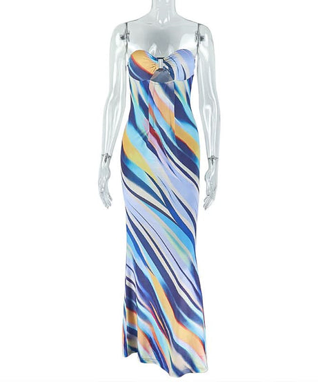 Vibrant Abstract Swirl Strapless Maxi Dress | Cutout Bust & Resort Ready for Your Winter Getaway