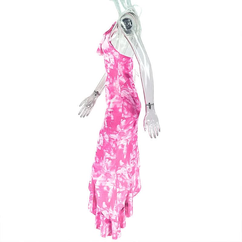 Vibrant Pink Tie-Dye Halter Midi Dress | Asymmetrical Ruffle Hem for Fall Parties & Resort Getaways