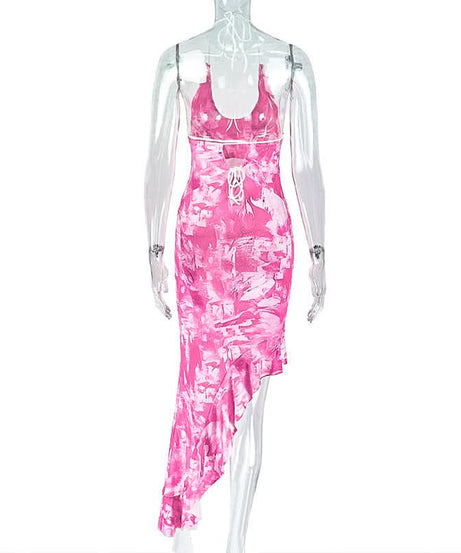 Vibrant Pink Tie-Dye Halter Midi Dress | Asymmetrical Ruffle Hem for Fall Parties & Resort Getaways