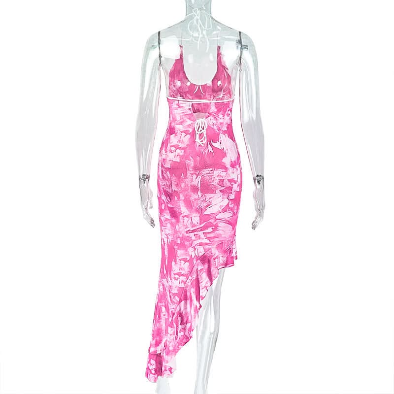 Vibrant Pink Tie-Dye Halter Midi Dress | Asymmetrical Ruffle Hem for Fall Parties & Resort Getaways