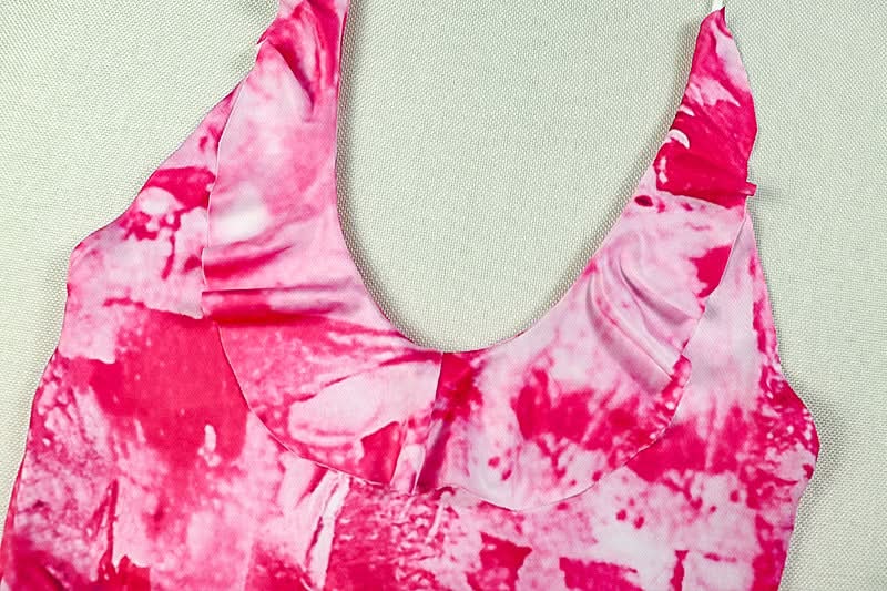 Vibrant Pink Tie-Dye Halter Midi Dress | Asymmetrical Ruffle Hem for Fall Parties & Resort Getaways