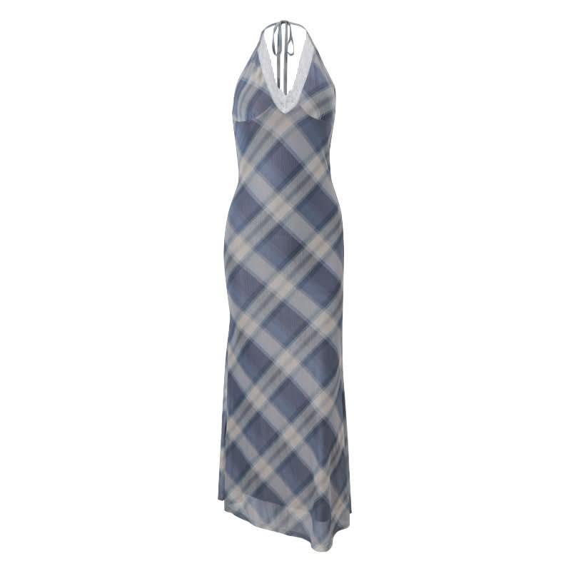 Fall Chic & Cozy: American Plaid Halter Maxi Dress with Delicate Lace V-Neck