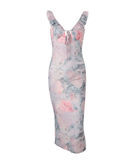 Dreamy Watercolor Rose Ruffle V-Neck Midi Dress - Effortless Fall Floral Chic