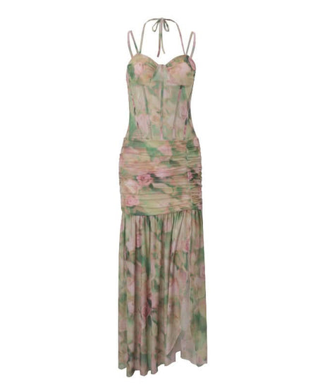 Romantic Floral Halter Ruched Maxi Dress with Slit - Fall Wedding Guest & Resort Chic
