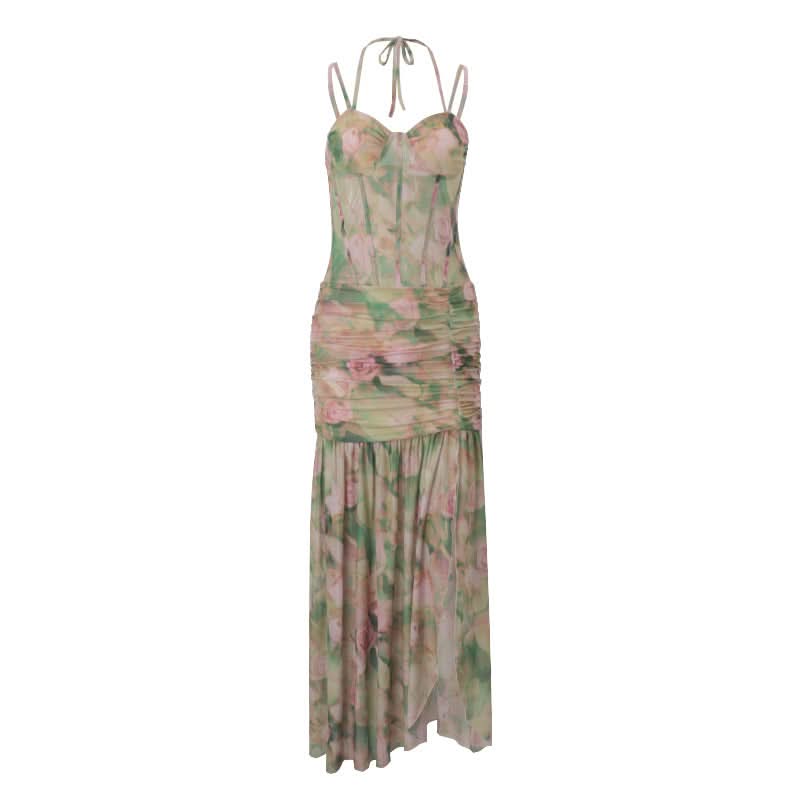 Romantic Floral Halter Ruched Maxi Dress with Slit - Fall Wedding Guest & Resort Chic
