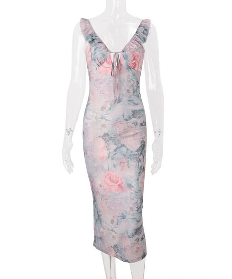 Dreamy Watercolor Rose Ruffle V-Neck Midi Dress - Effortless Fall Floral Chic