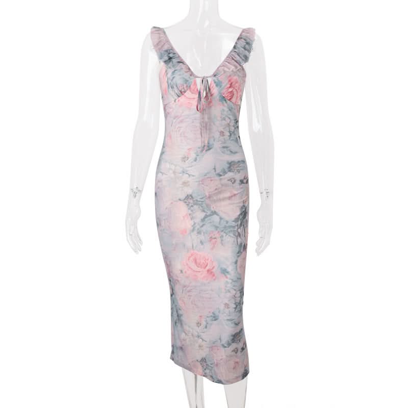 Dreamy Watercolor Rose Ruffle V-Neck Midi Dress - Effortless Fall Floral Chic