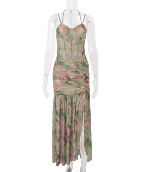 Romantic Floral Halter Ruched Maxi Dress with Slit - Fall Wedding Guest & Resort Chic