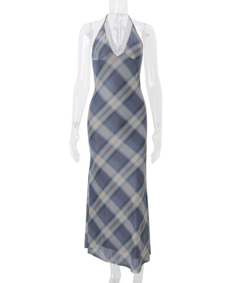 Fall Chic & Cozy: American Plaid Halter Maxi Dress with Delicate Lace V-Neck