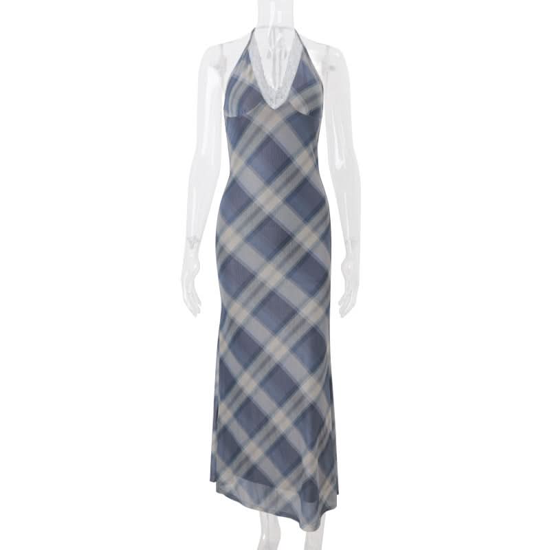 Fall Chic & Cozy: American Plaid Halter Maxi Dress with Delicate Lace V-Neck