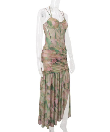 Romantic Floral Halter Ruched Maxi Dress with Slit - Fall Wedding Guest & Resort Chic