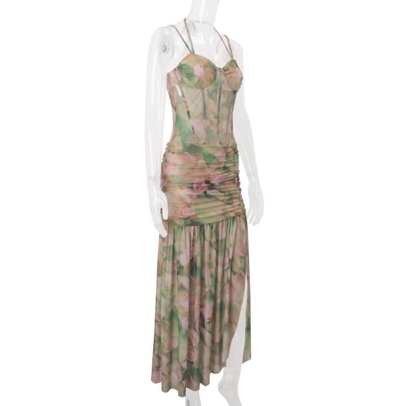 Romantic Floral Halter Ruched Maxi Dress with Slit - Fall Wedding Guest & Resort Chic