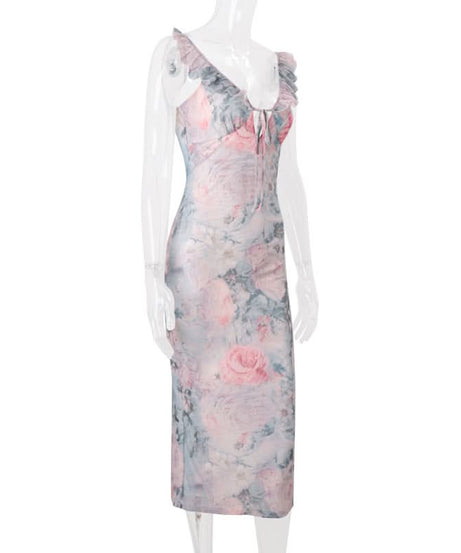 Dreamy Watercolor Rose Ruffle V-Neck Midi Dress - Effortless Fall Floral Chic