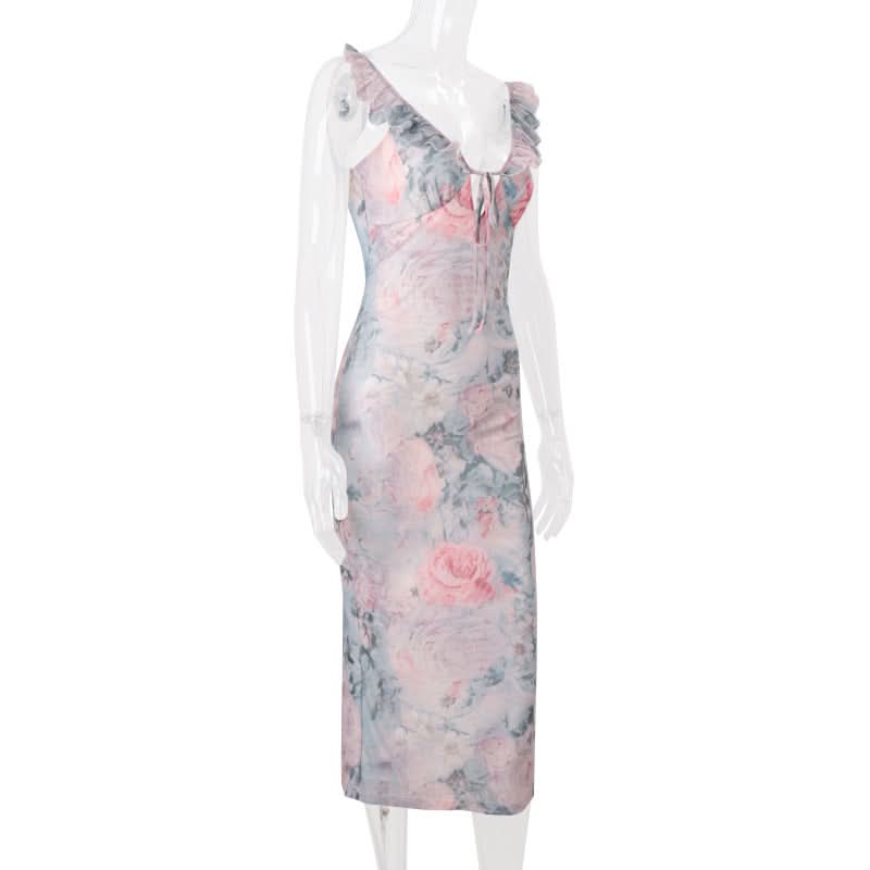 Dreamy Watercolor Rose Ruffle V-Neck Midi Dress - Effortless Fall Floral Chic