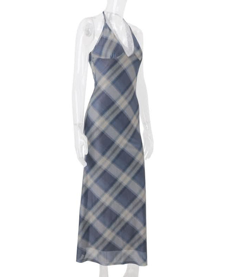Fall Chic & Cozy: American Plaid Halter Maxi Dress with Delicate Lace V-Neck