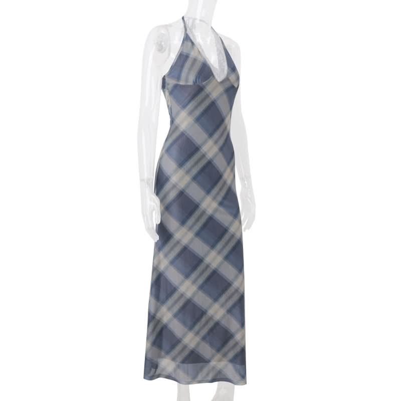 Fall Chic & Cozy: American Plaid Halter Maxi Dress with Delicate Lace V-Neck