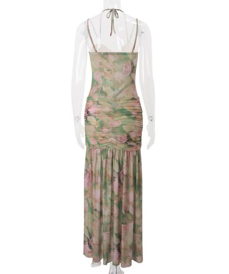 Romantic Floral Halter Ruched Maxi Dress with Slit - Fall Wedding Guest & Resort Chic