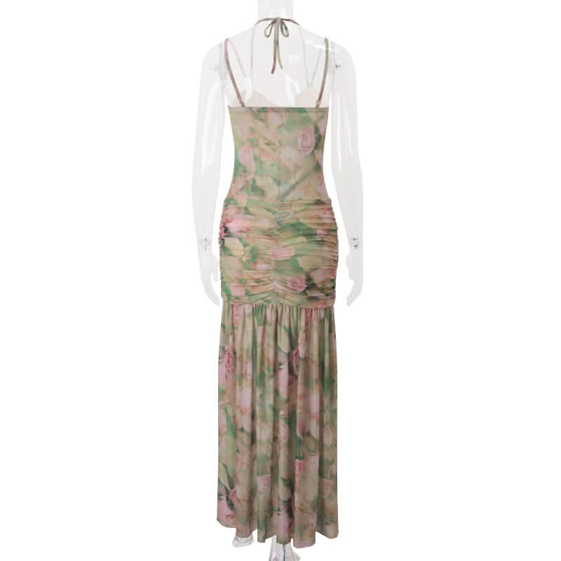 Romantic Floral Halter Ruched Maxi Dress with Slit - Fall Wedding Guest & Resort Chic