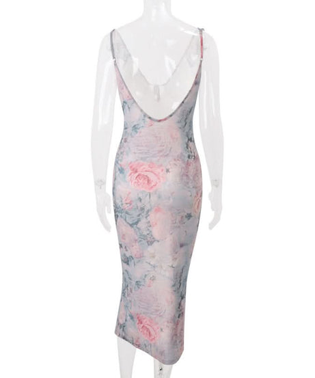 Dreamy Watercolor Rose Ruffle V-Neck Midi Dress - Effortless Fall Floral Chic