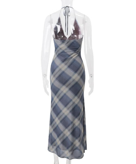 Fall Chic & Cozy: American Plaid Halter Maxi Dress with Delicate Lace V-Neck