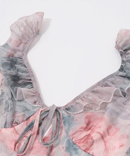 Dreamy Watercolor Rose Ruffle V-Neck Midi Dress - Effortless Fall Floral Chic