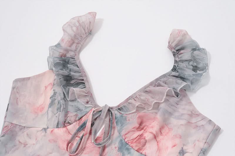 Dreamy Watercolor Rose Ruffle V-Neck Midi Dress - Effortless Fall Floral Chic