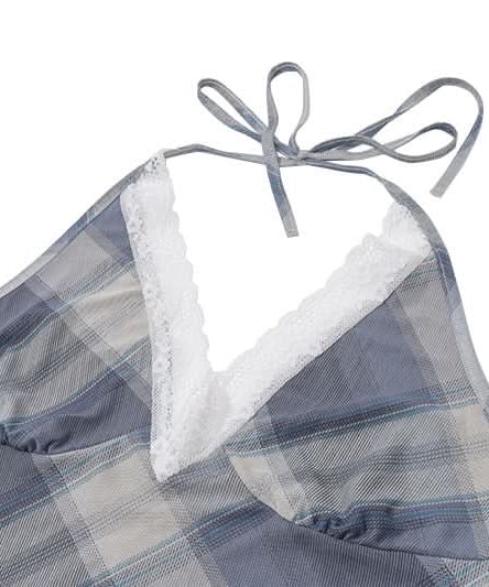 Fall Chic & Cozy: American Plaid Halter Maxi Dress with Delicate Lace V-Neck